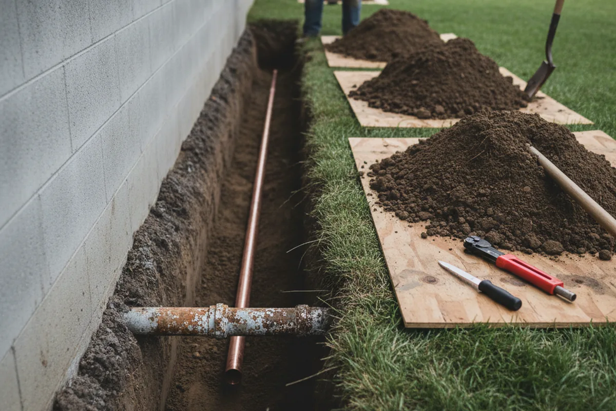Excavated water line trench during Sewer Line Repair in Peekskill
